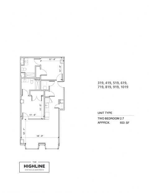 Floor plan for 2 beds, 2 baths, 940 sqft